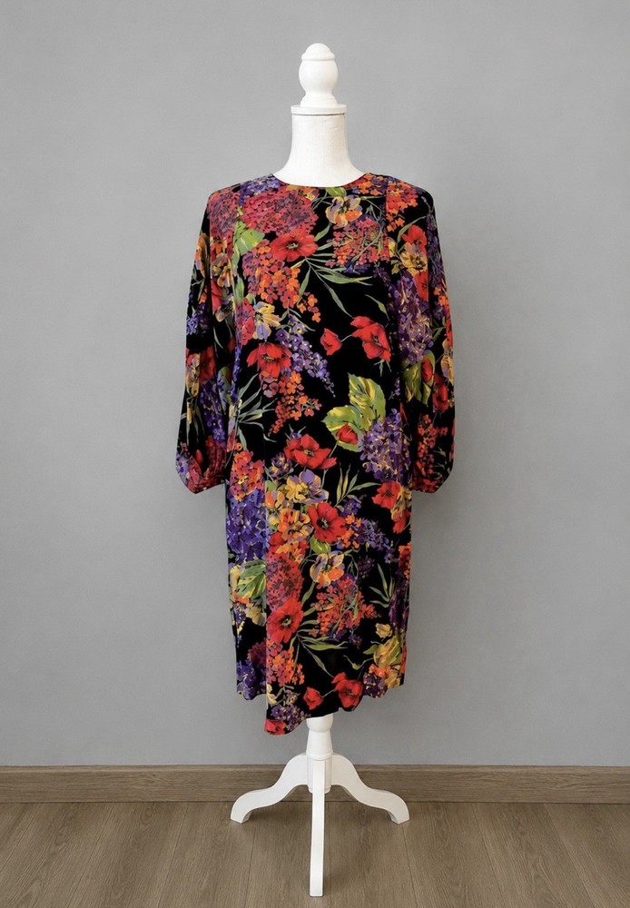 Vintage Pat Argent Petites Vibrant Floral Dolman Sleeve Shift Dress Sz 14 Large