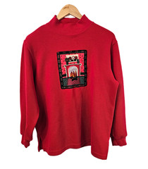 Vtg Alfred Dunner Red Mock Neck Shirt Fireplace Sz M