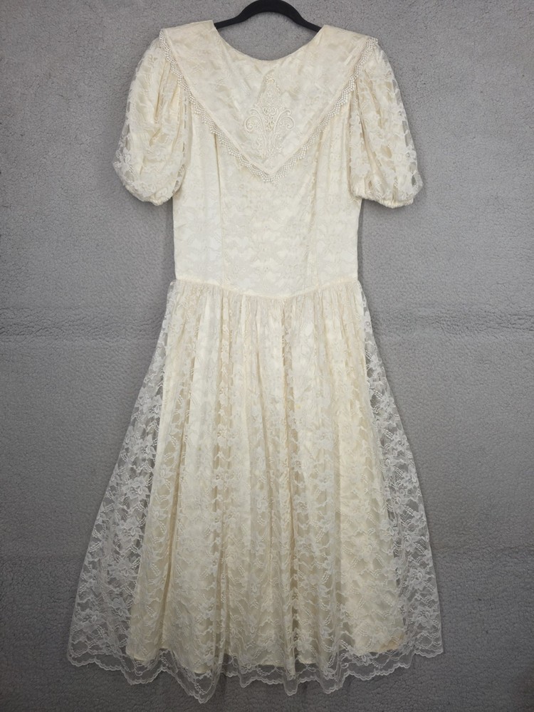 Vintage 80s Ivory Lace Wedding Gown Size 13 Precious Moments Victorian Dress