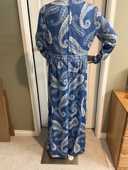 Vintage 70s Hal Ferman Maxi Dress M Blue Paisley Hostess Hippie Union Label