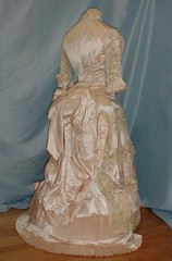 Victorian Antique Wedding Bustle Dress 1880 Satin & Blonde Lace Trim / Label
