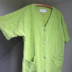 Vintage Herbcraft Terry Cloth Robe Dress Large Lime Green Button Front Chenille