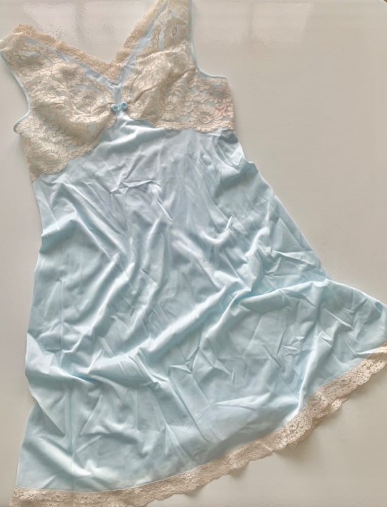 Vintage LORRAINE Nightgown Large L NEGLIGEE Sky Blue Chemise Satin Lace V Neck