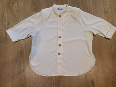 S. L. FASHIONS~ VTG Ivory Acetate/Rayon Blouse~ 3/4 Sleeve Brass/Pearl Button~20