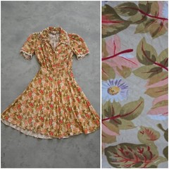 Vintage 90s Y2K Rayon Dress 40s 30s Style Lace Details Short Sleeve S Floral 00s