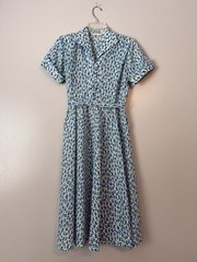 Vintage 50s Kerrybrooke Shirtwaist Day Dress Buttons Belt Blue White Fit Flare