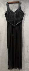 Vintage 40’s Miss Swank Black Nightgown Size 36 Lace Trim Tie Back Sheer Pleated