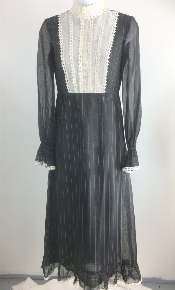 Vtg Saks Fifth Avenue Dress Black Pinstripe High Neck Bib Front LS Maxi XS-S