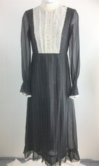 Vtg Saks Fifth Avenue Dress Black Pinstripe High Neck Bib Front LS Maxi XS-S