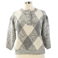 70s Vintage Gray Argyle Henley Sweater Womens M Cropped Knit Bracelet Sleeve