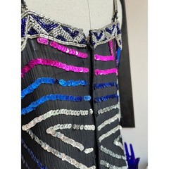 Vintage 90s Beaded Silk Slip Dress | Caché Sequin Bias Cut Jagged Hem | M