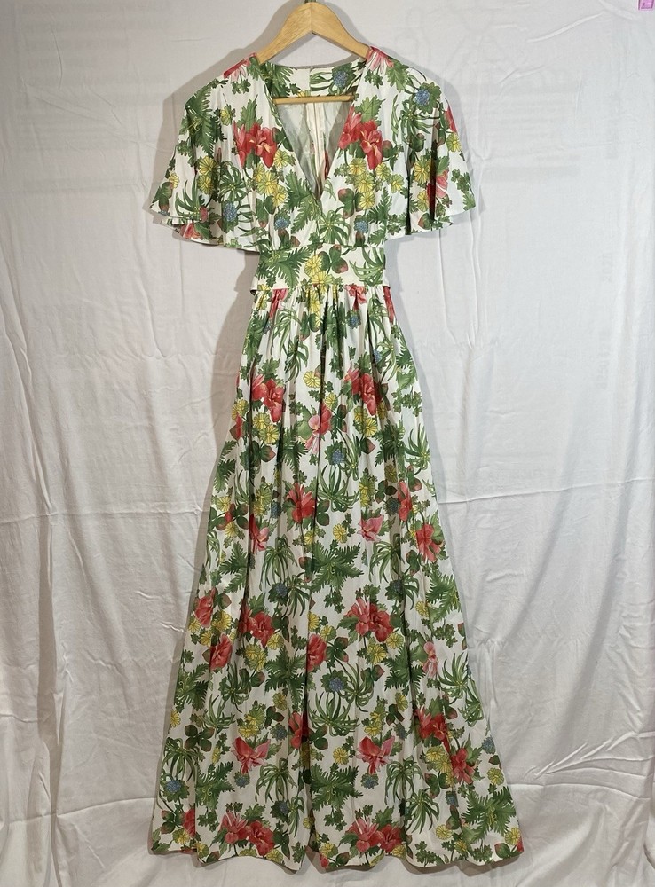 Vintage 70s Handmade Maxi Dress Empire Waist Tie Back Flutter Sleeve READ