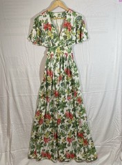 Vintage 70s Handmade Maxi Dress Empire Waist Tie Back Flutter Sleeve READ