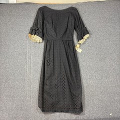 Vintage NWT Black Eyelet Cotton Midi Dress Lace Ruffle Sleeve Bow Detail Size 13