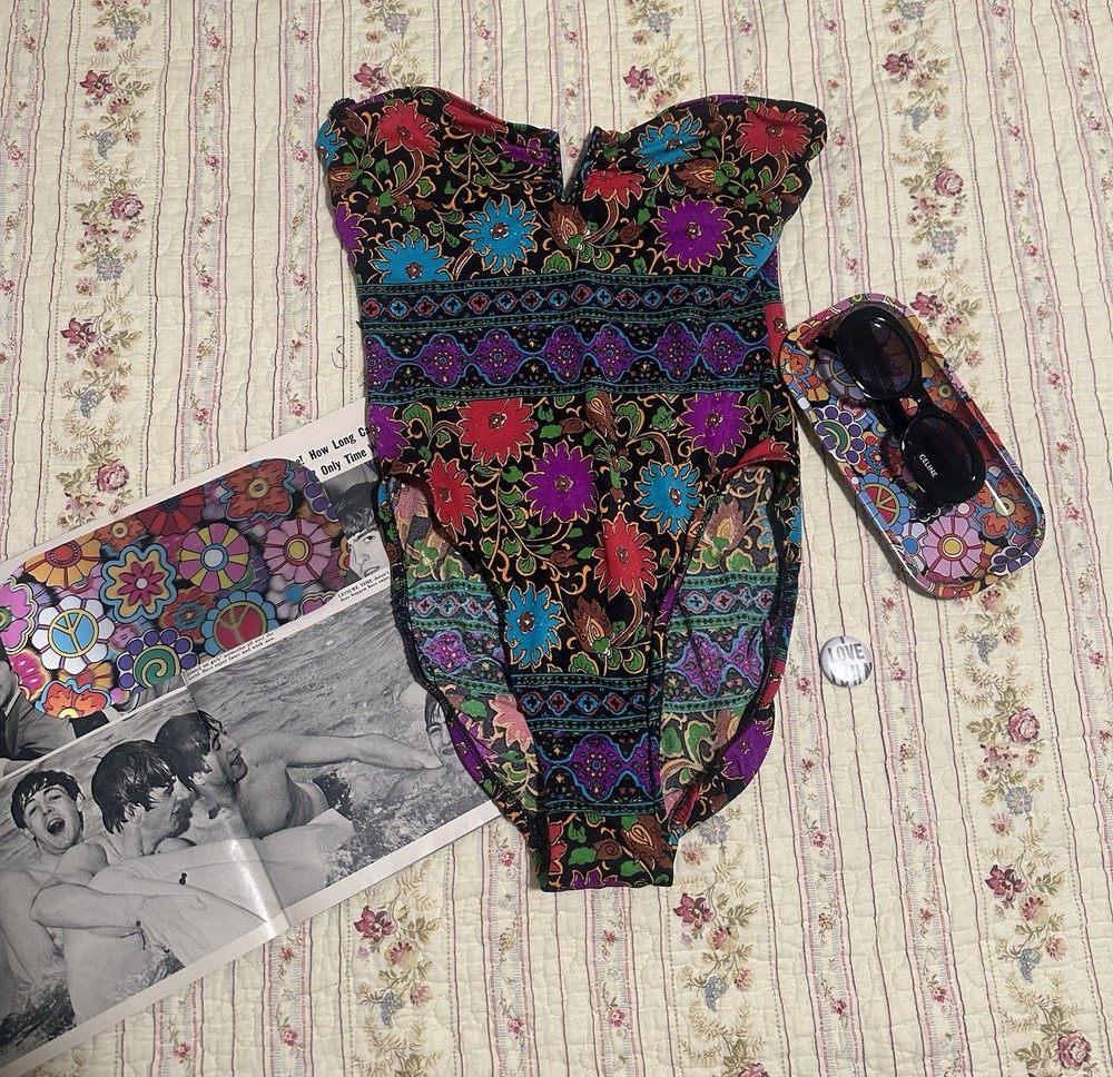 Vintage 60s 70s Rose Marie Reid Psychedelic Floral One Piece Swimsuit Mod XS SM