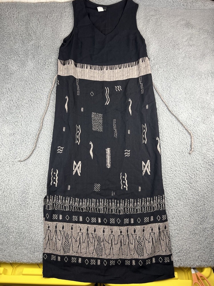 Vintage Maxi Dress 10 Tribal Hieroglyphics Egyptian Boho First Option Aztec USA