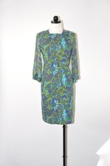 60s Vintage Blue Green Paisley Sheer Bell Sleeve Sheath Wiggle Day Dress Women S