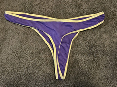 MUDD Women’s Low Rise Lucky Mudd Logo Thong Panties SMALL Purple NWT