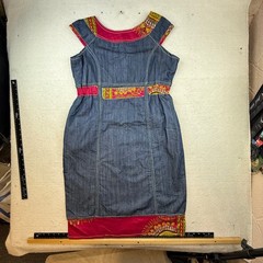 Denim Patchwork Dress Tribal Print Zip Front Pockets homemade boho artisan RARE
