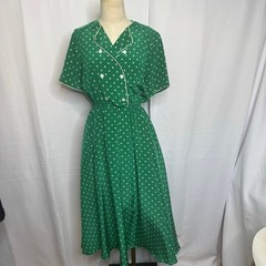 Talbots Vintage Green Polka Dot Dress Sz 4 Wrap Style Midi Made in Hong Kong