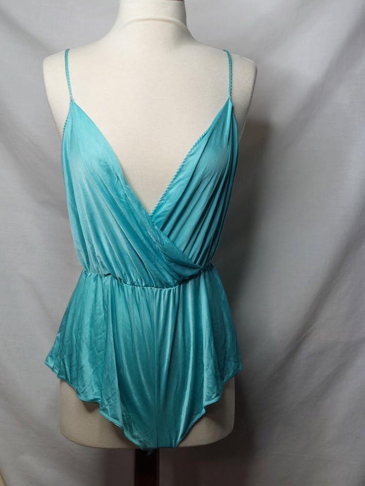 Vintage Aqua Satin Teddy Romper Lingerie Draped Wrap One Piece S/M Y2K Fairycore