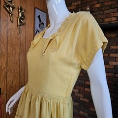 Vtg 30s Mustard Linen Cord Embroidery Peplum Sportswear Afternoon Day Dress S