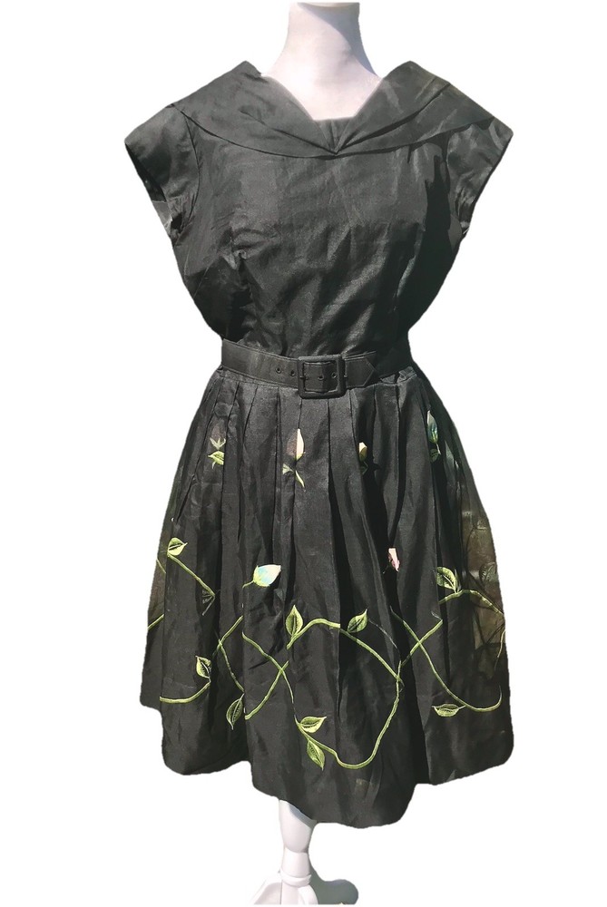 Vtg 50s Party Cocktail Dress Black Chiffon Silk Appliqué Tulips S M Suzy Perette