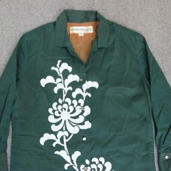 Alfred Shaheen Dress Est ~ 14 (L) Green VTG 60s 70s Floral Print SHEER SLEEVE