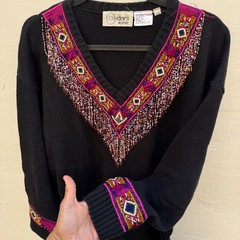 Cedars Woman Vintage Beaded Fringe Sweater XL 2x Black Southwest Art to Wear
