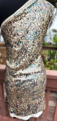 NWOT Vintage Uli Herzner Designer Fish Scale Sequin Champagne Teal One-Shoulder