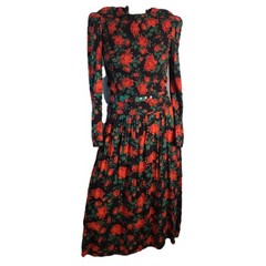 VTG 80s Act 1 Red Black Floral Belted Puff Sleeve Smocked Bodice Dress – Lot 3-4