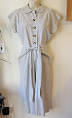 Vintage 1940s Hand Made Seersucker Blue/White Striped Dress Tie Front Sz S or XS
