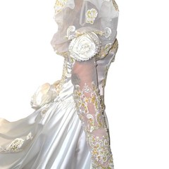 Alfred Angelo Pearl Beaded Satin w/Lace White Lng Sleeve Wedding Dress 12′ Train