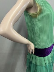 Fabulous 1920’s Dress Of Pleated Green Chiffon With Purple Silk Velvet Sash