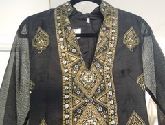 Vtg Shaheen Maxi Dress Black w Gold Designs Hawaii California Size 10 Never Worn