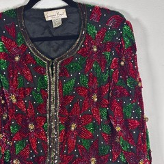 Vintage Laurence Kazar XL Red Sequin Poinsettia Silk Beaded Christmas Jacket