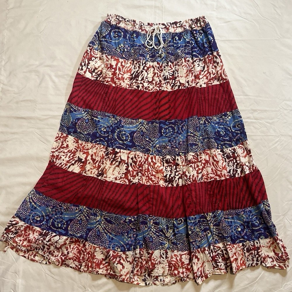 Vintage 90s Neelam Cotton Skirt Free Size Silver Bell Waist Tie Patchwork Boho