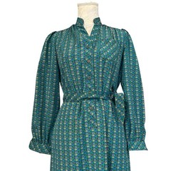 Vintage 90s Teal Geometric Print Tie Waist Midi Dress Long Sleeve Petite Size 6
