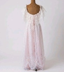Vintage Union Made Lace Dress Gown Pink White Bows Victorian Prairie 70s 80s