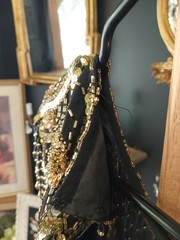 Lillie Rubin Vintage Black Gold Beaded Sequin Semi-Open Back Silk Dress Size 6