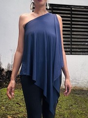 90s Vintage Boutique One shoulder asymmetric Navy Blue Long Blouse Top Dress M
