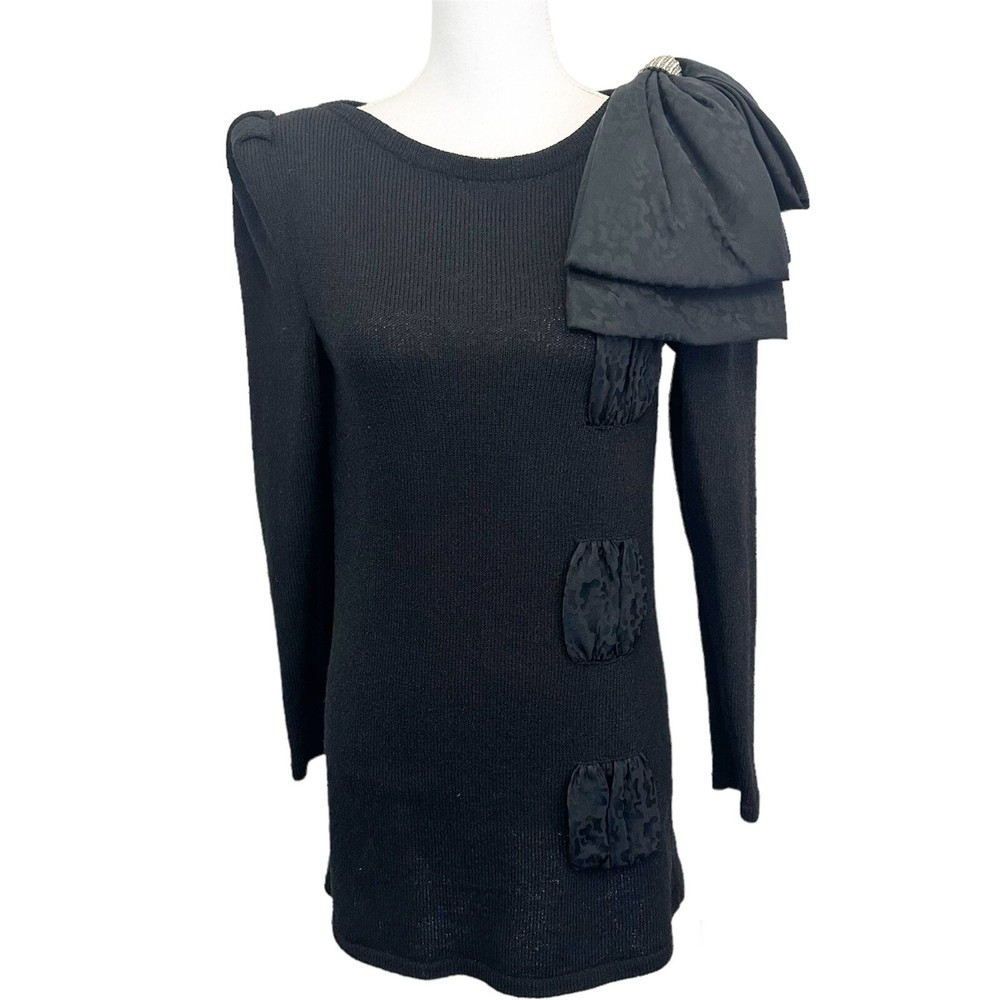 Raul Blanco Vintage Womens Dress 80s Hand Loomed Black Giant Bow Shoulder Witchy