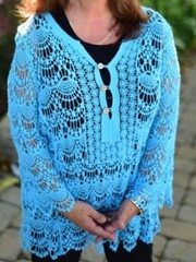 Vtg Tempo Paris Blue Cotton Crochet Open Lace Top Sz M Mature Boho Lagan #656