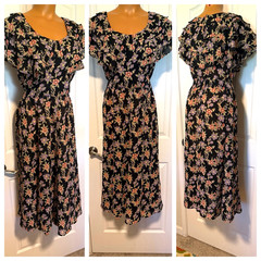 VTG 90’s KARIN STEVENS BLACK FLORAL W/ RUFFLE CAPE BODICE DRESS SZ 10P