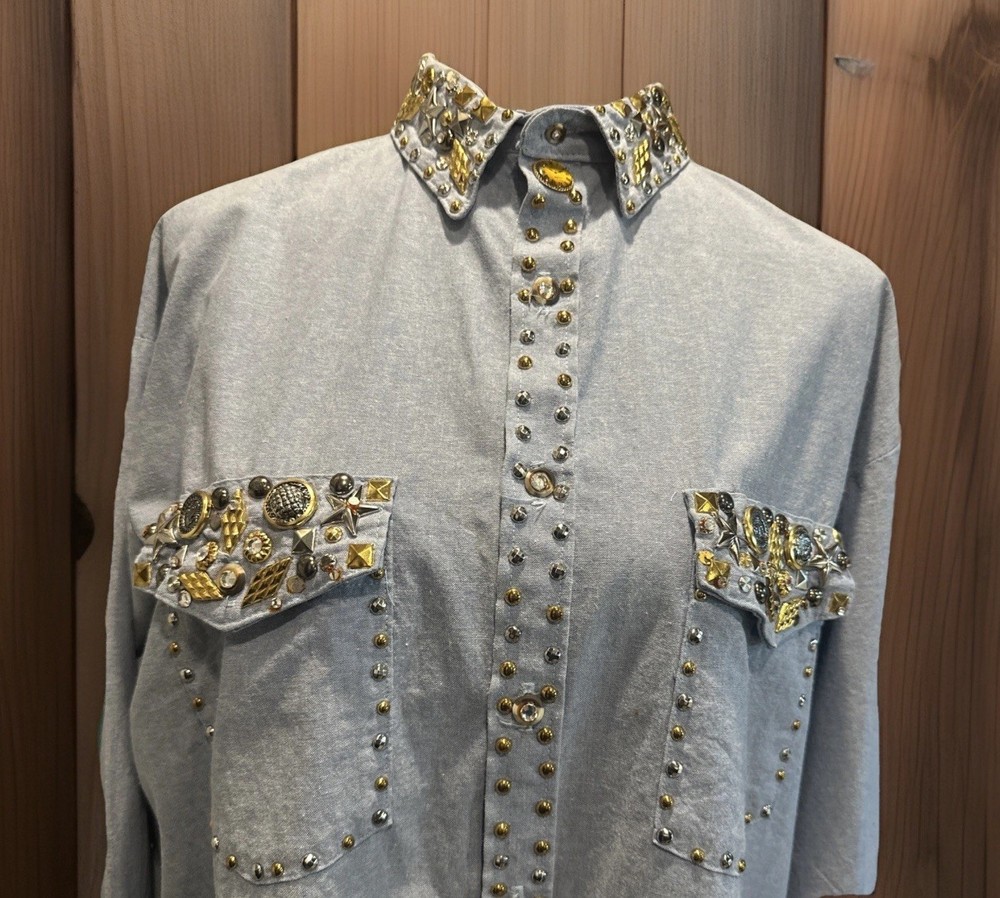ST. MAARTEN Dallas TX USA VTG Ornate Sparkle Western Flair Denim Shirt L *READ