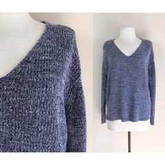 vintage 90s variegated navy white sweater heather cotton boxy knit top 1990s