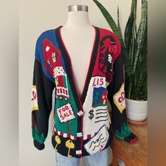 Vintage Belle Pointe Realtor Novelty Cardigan Sweater Ramie Cotton Knit small