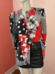 VTG 80s 90s Bright Artsy Abstract ColorBlock Blouse Graphic Memphis USA L XL