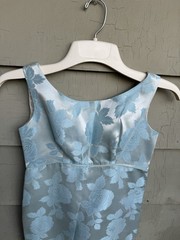 70’s Ice Blue Floral Brocade Cocktail Sheath Dress Matching Coat Metallic 28” 4