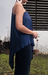 90s Vintage Boutique One shoulder asymmetric Navy Blue Long Blouse Top Dress M